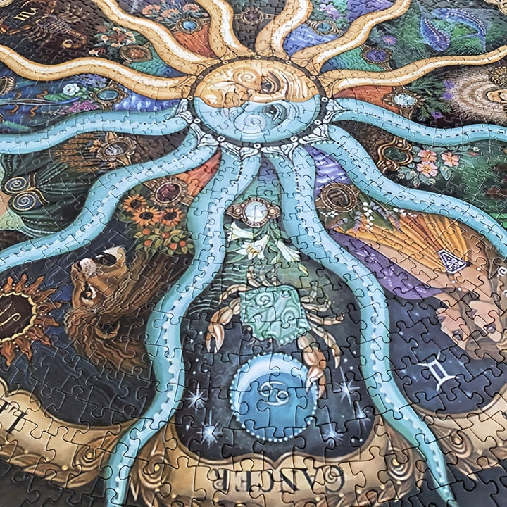 Nahaufnahme des runden 1000-Teile Sternzeichen-Puzzles; zeigt feine Horoskop-Details und brillante Farben.
