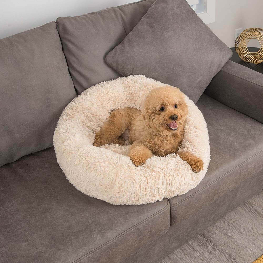 Großes, rundes Haustierbett, extra flauschig. Ideal als angstlösender, bequemer Ruheplatz.
