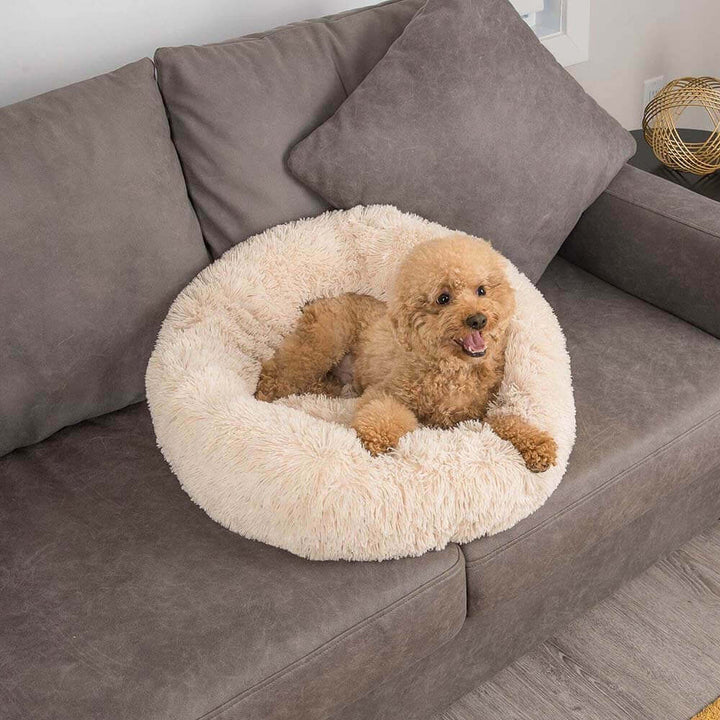 Großes, rundes Haustierbett, extra flauschig. Ideal als angstlösender, bequemer Ruheplatz.
