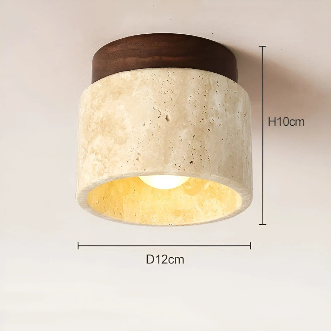 Elegante Travertin-Deckenlampe mit Holzdetails, ideal als Downlight für gemütliche Wohnzimmer & Schlafzimmer.
