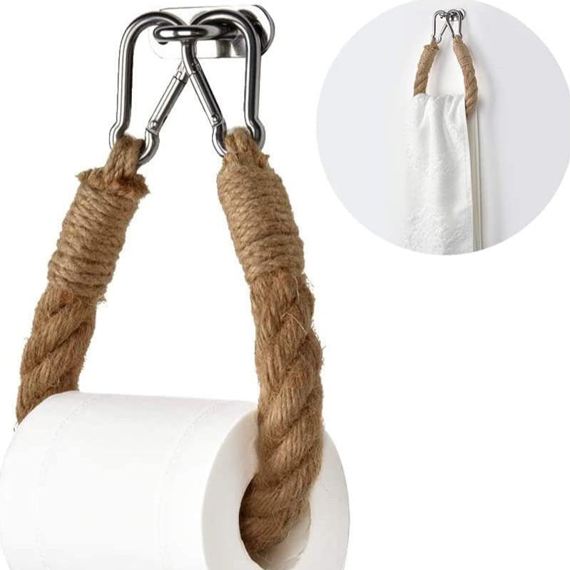Rustikaler Wand-Toilettenpapierhalter aus Juteseil und Edelstahl. Perfektes Badaccessoire für maritime Badezimmer.
