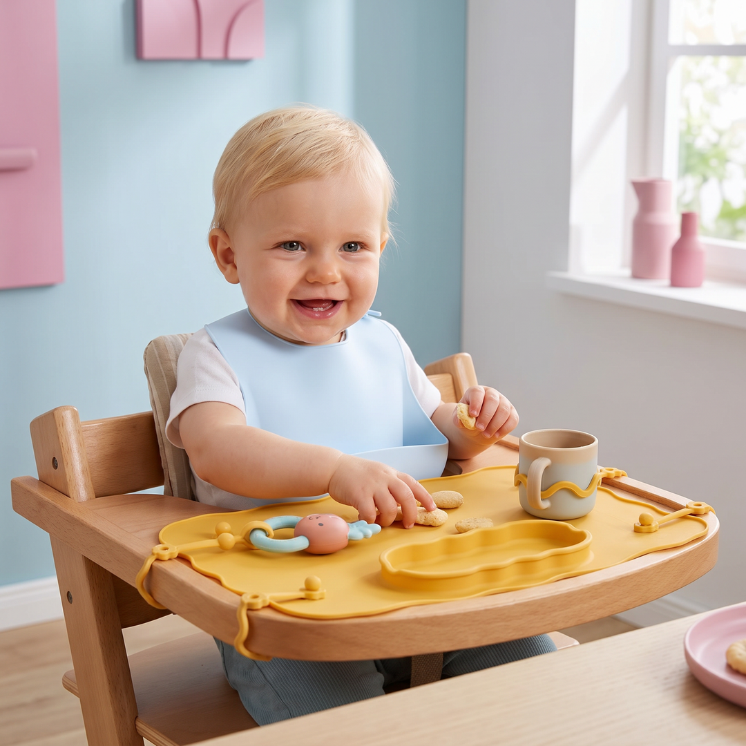 Rutschfeste Silikon Baby Tischmatte mit Saugnapf & Anti-Fall Seil für saubere Mahlzeiten.