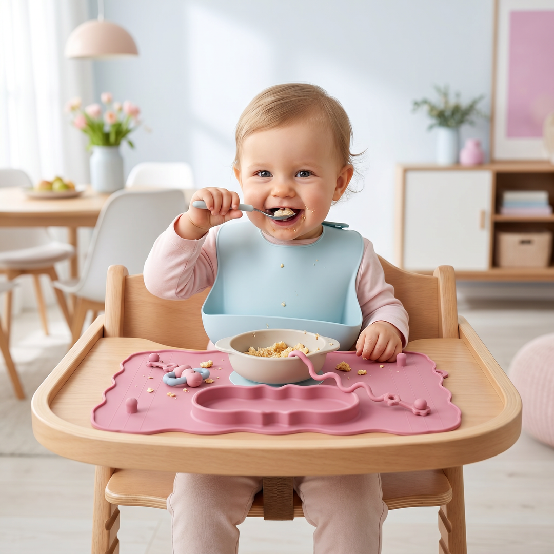 Sichere Babyausstattung: lebensmittelechte Silikon Tischmatte mit Saugnapf für unbedenkliches Essen.