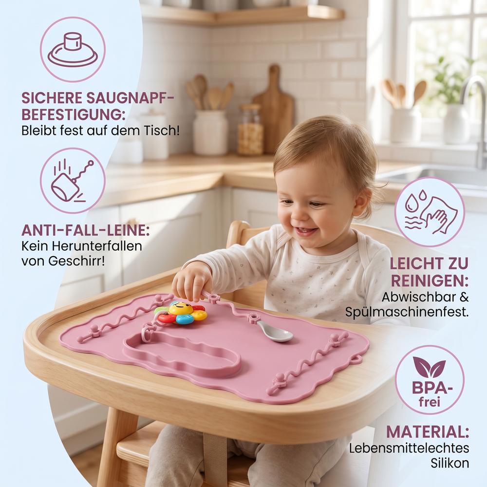 Kleinkind isst sicher auf rutschfester Silikon Tischmatte mit starkem Saugnapf, kein Verrutschen.