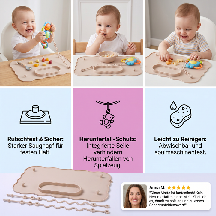 Stabile Silikon Baby Esslernhilfe mit Saugnapf haftet fest am Tisch, verhindert Geschirrbruch.