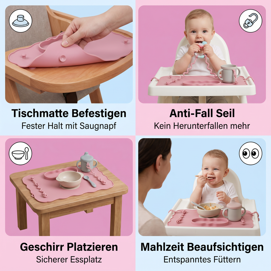 Baby Tischmatte aus Silikon mit praktischem Anti-Fall Seil schützt Geschirr vor dem Herunterfallen.