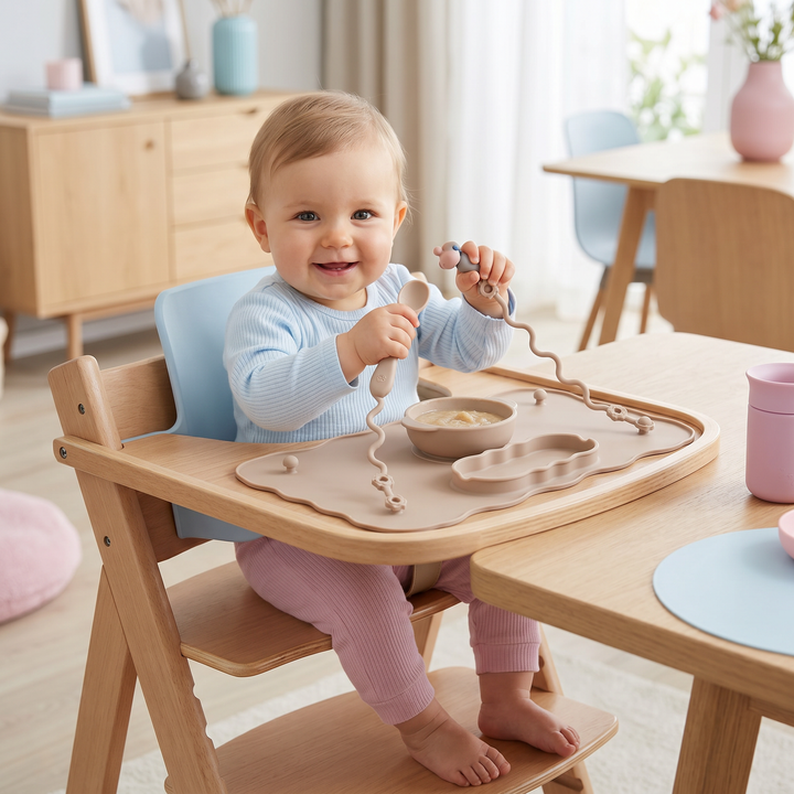 Glückliches Baby isst selbstständig auf bunter Silikon Essmatte, macht Mahlzeiten zum Vergnügen.