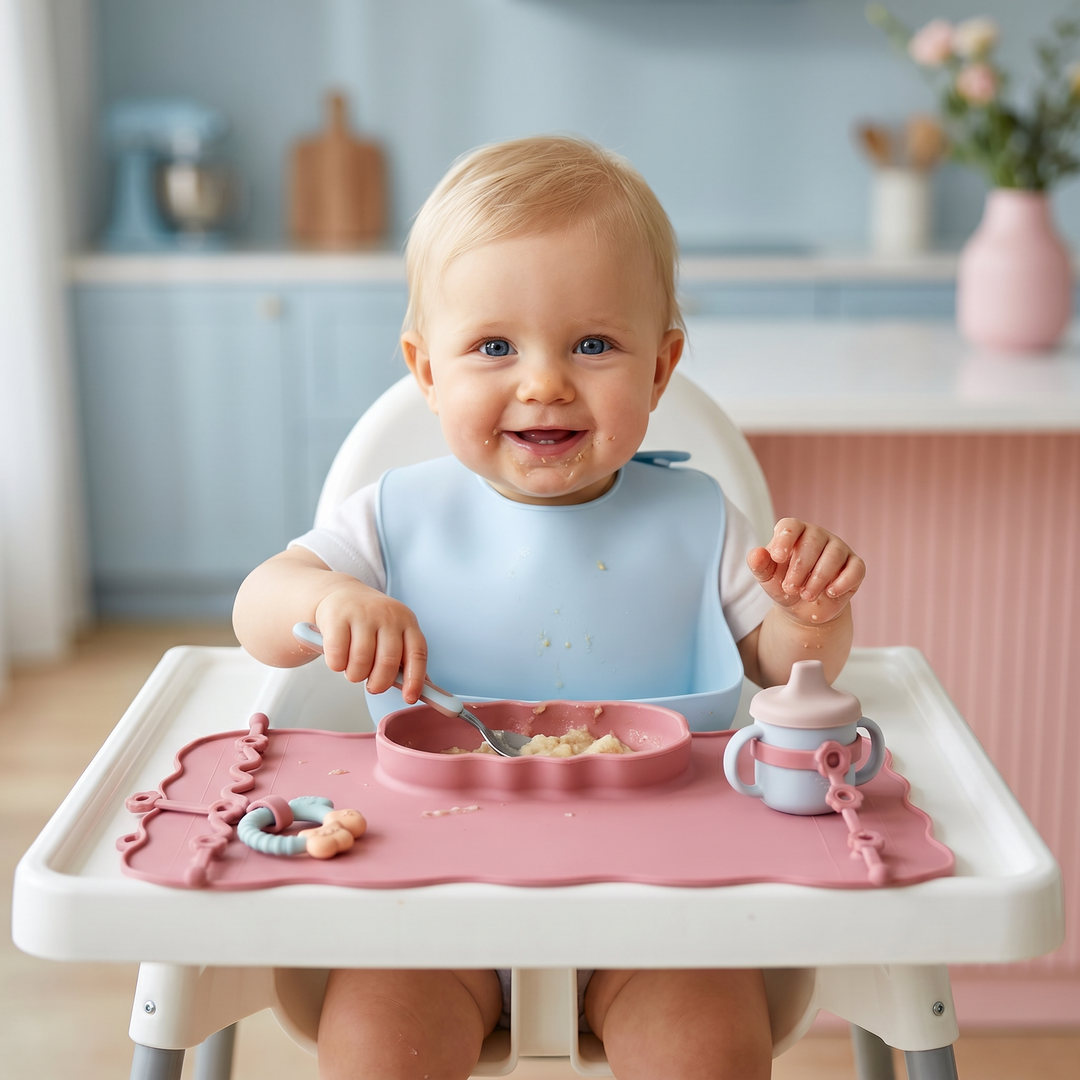 Faltbare Silikon Baby Tischmatte mit Saugnapf, perfekt für Zuhause & unterwegs.