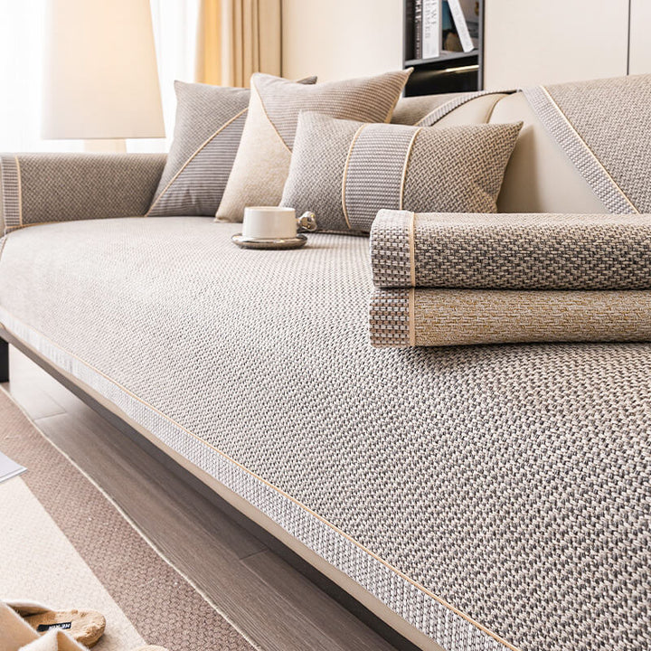 Gemütlicher Sitzbezug in Leinen-Optik, schützt Ihr Sofa effektiv und dekorativ im Wohnzimmer.