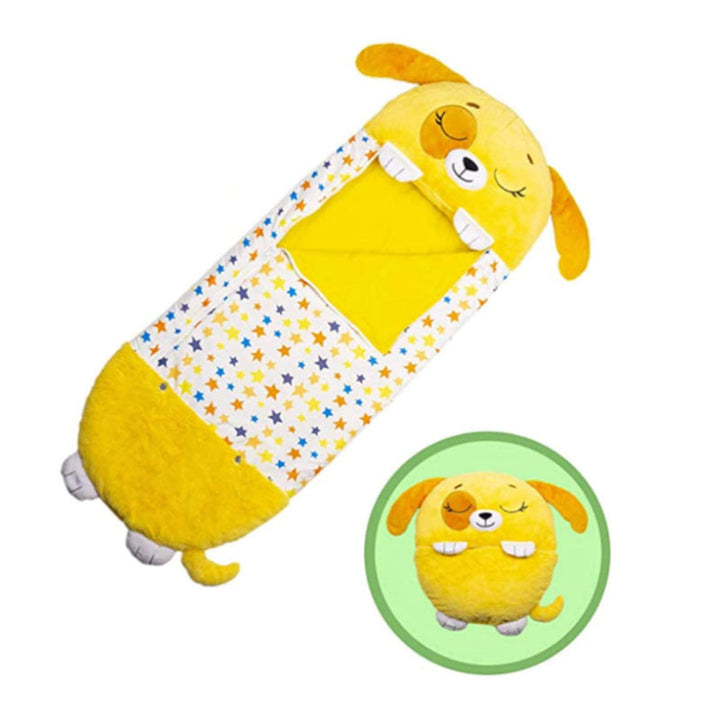 Originelles 2-in-1 Geschenk für Kinder: niedliches Tier-Kuschelkissen und warmer Schlafsack in einem.
