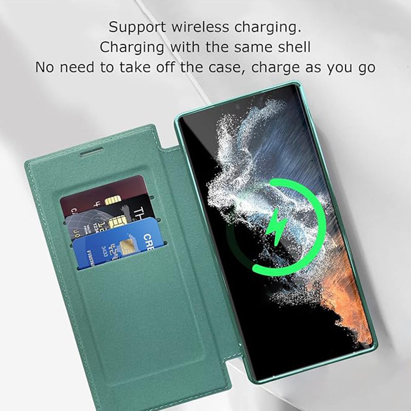 Geöffnete Samsung Flip-Hülle zeigt Kartenschlitz, RFID-Schutz & praktischen Ringhalter für sicheren Halt deines Handys.