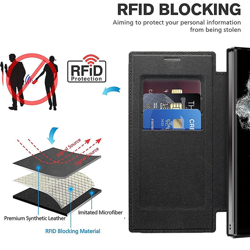 Hand hält Samsung Smartphone sicher in der Flip-Hülle mit Ringhalter. Bietet stilvollen Schutz & verbesserten Griff.
