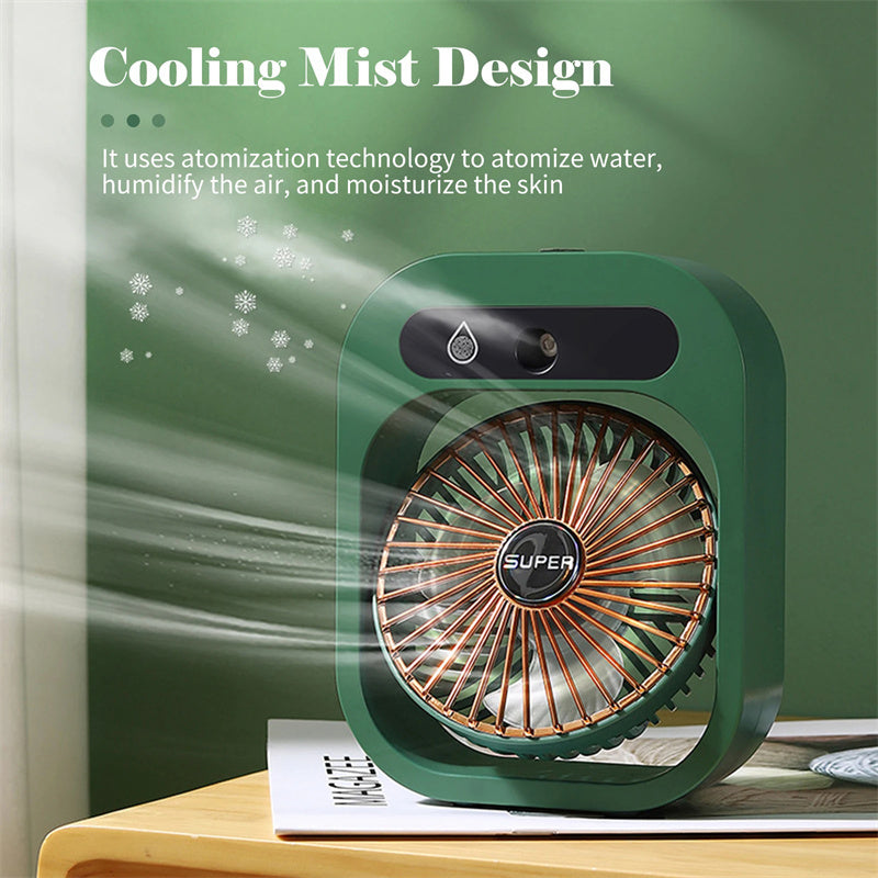 Sandsberg USB-Tischventilator mit kühlem Nebel und Befeuchterfunktion, wiederaufladbar für angenehmes Klima.