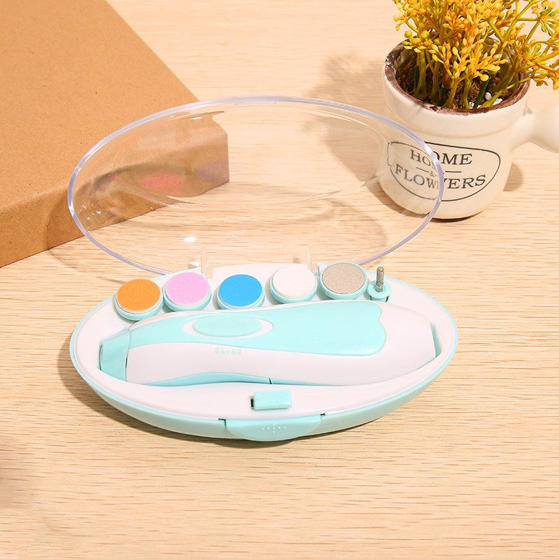 Blaue elektrische Nagelfeile für Babys, ideal für sanfte Nagelpflege bei Neugeborenen.