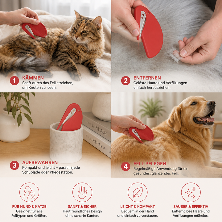 Effizienter Fell-Entwirrer für Hunde & Katzen, macht das Fell knotenfrei und seidig glänzend.
