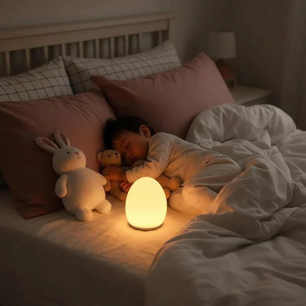 Beruhigendes LED Nachtlicht, kabellos und mit Akku. Perfekte Tischlampe für ein gemütliches Ambiente im Schlafzimmer.