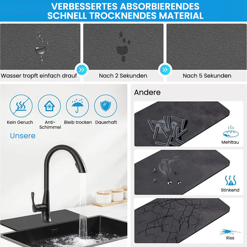 Effektive Kieselgur Trockenmatte. Schützt Küchen- & Badezimmer-Arbeitsplatten vor Wasser und Feuchtigkeit.