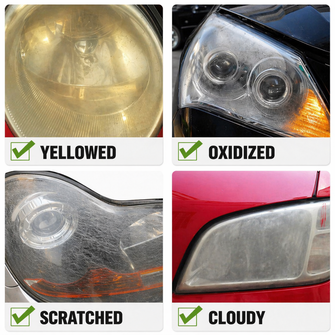 Premium Scheinwerfer Reinigung & Politur für Autos. Aufbereitungsflüssigkeit bietet Klarheit & langfristigen UV-Schutz.