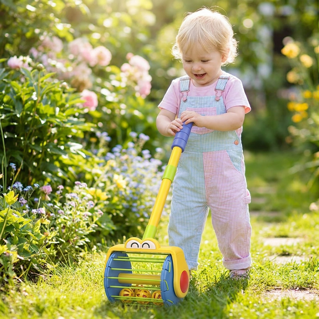 Schiebe Staubsauger Spielzeug für Kinder mit bunten Bällen, fördert Motorik & Rollenspiel.