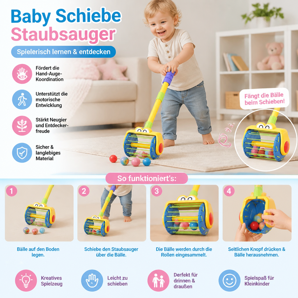 Schiebe Staubsauger Kinderspielzeug saugt Bälle auf, buntes & interaktives Motorikspielzeug für Kleinkinder.
