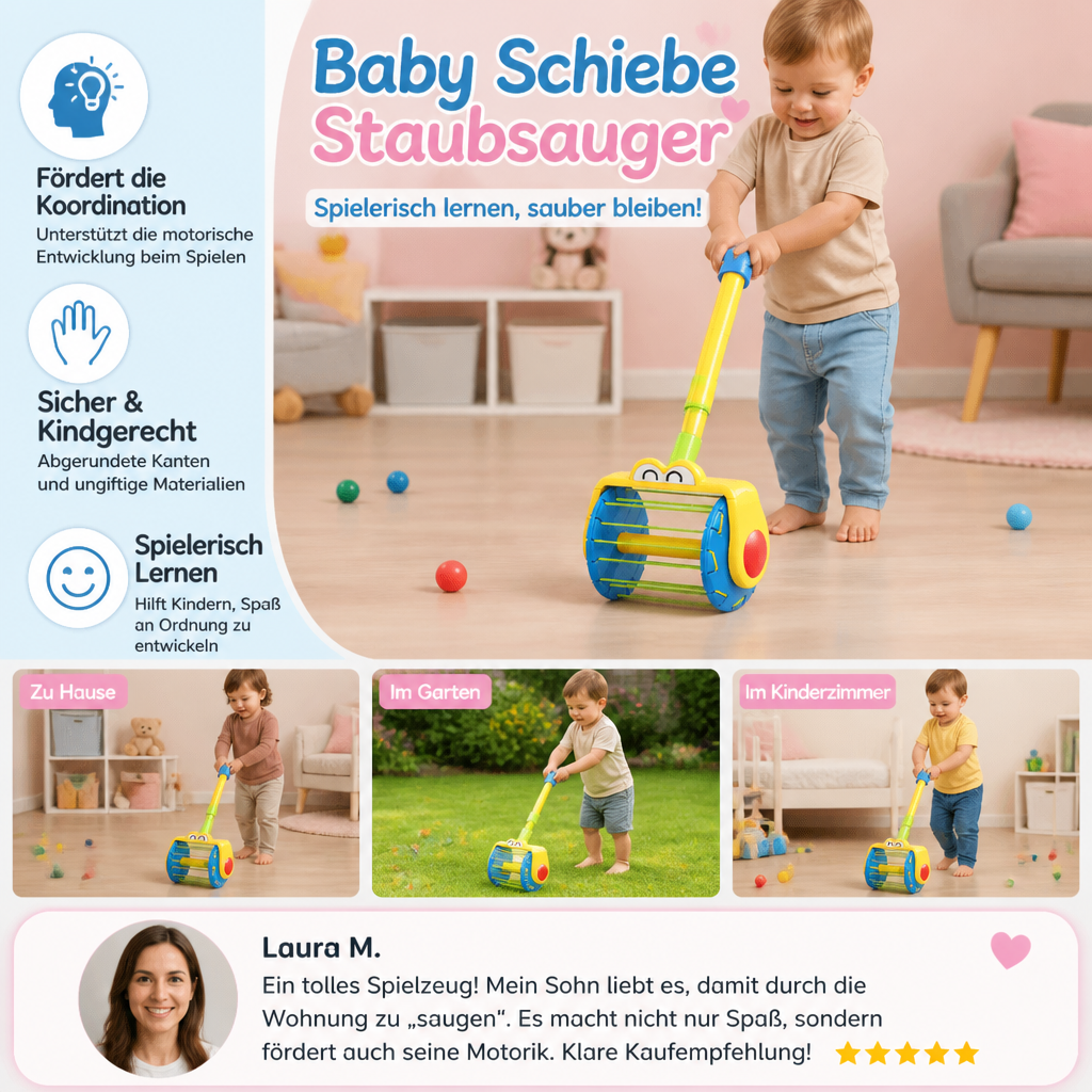 Fröhliches Kinder-Rollenspiel: Schiebe-Staubsauger mit Bällen für interaktiven Spielspaß & motorische Übung.