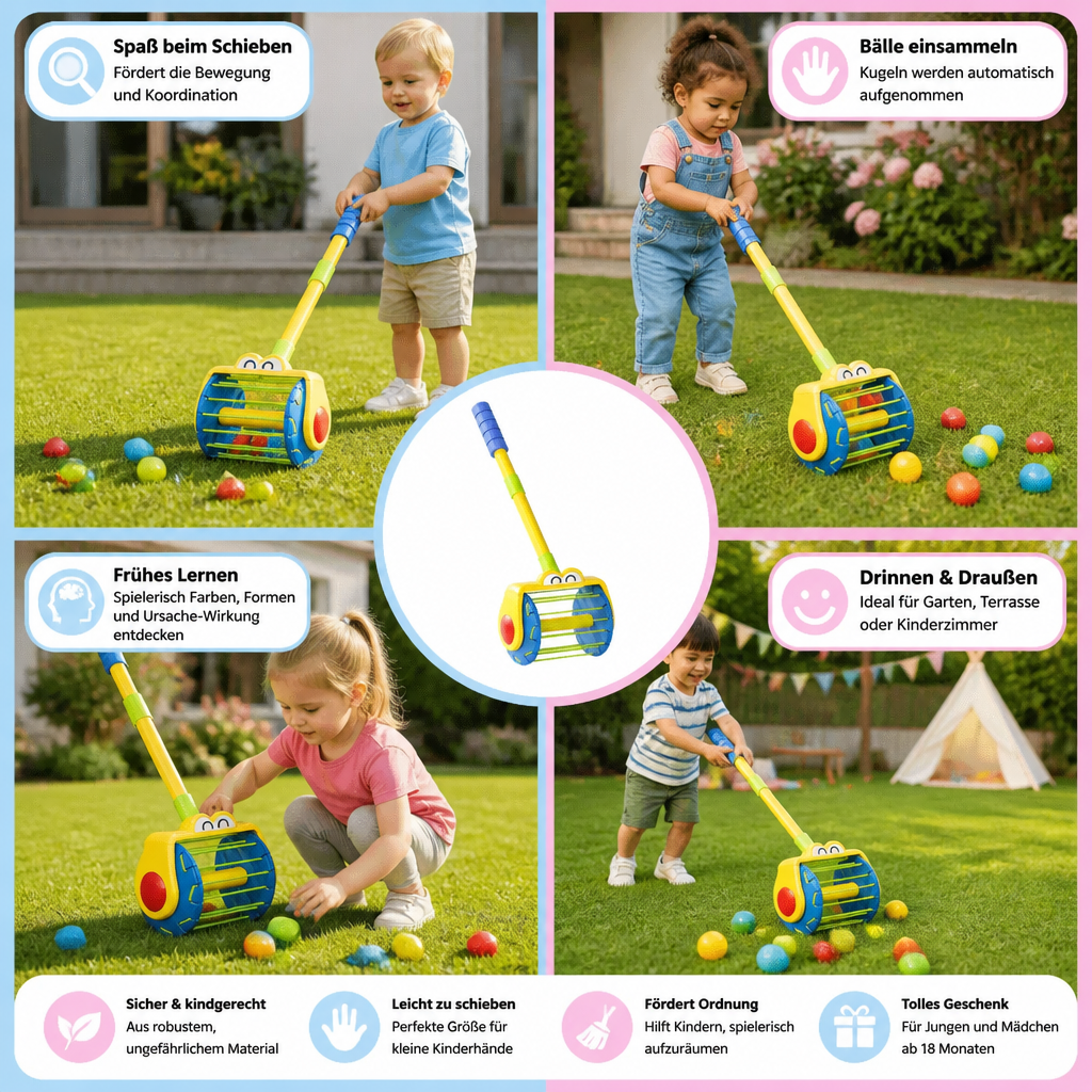 Perfektes Kindergeschenk: Pädagogisches Schiebespielzeug Staubsauger mit Bällen für Spaß & Motorik.