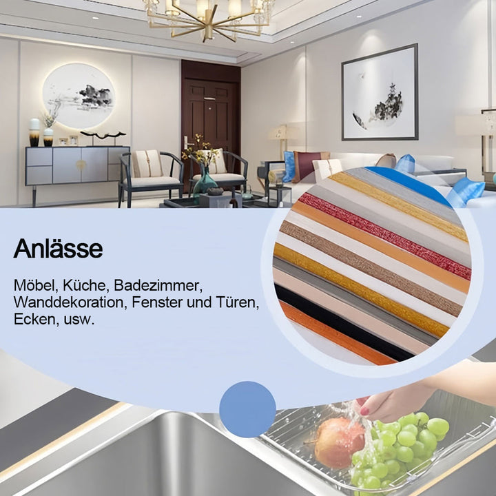 Detailaufnahme: Selbstklebendes Fugenband, schimmeldicht, für saubere & wasserdichte Fliesenübergänge.