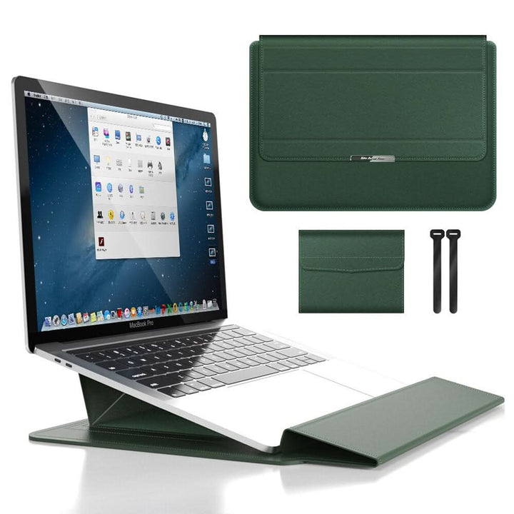 Rückseite der Laptophülle, als Laptopständer in Benutzung. Ergonomisches Design für besseren Komfort und Luftzirkulation.