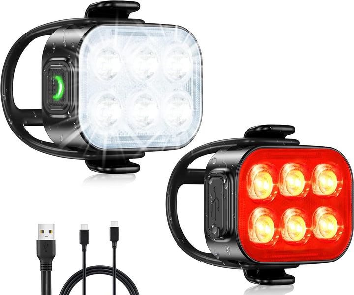 Schlankes USB Fahrradlichter Set für Rennrad & Mountainbike; wiederaufladbar, wasserdicht IP65.