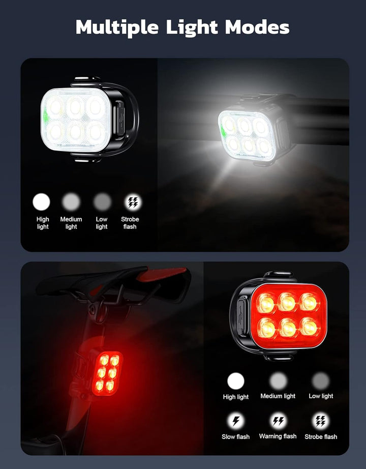 Helles USB Fahrradlicht für vorne und hinten, schlankes Design, verbesserte Sicherheit im Straßenverkehr.