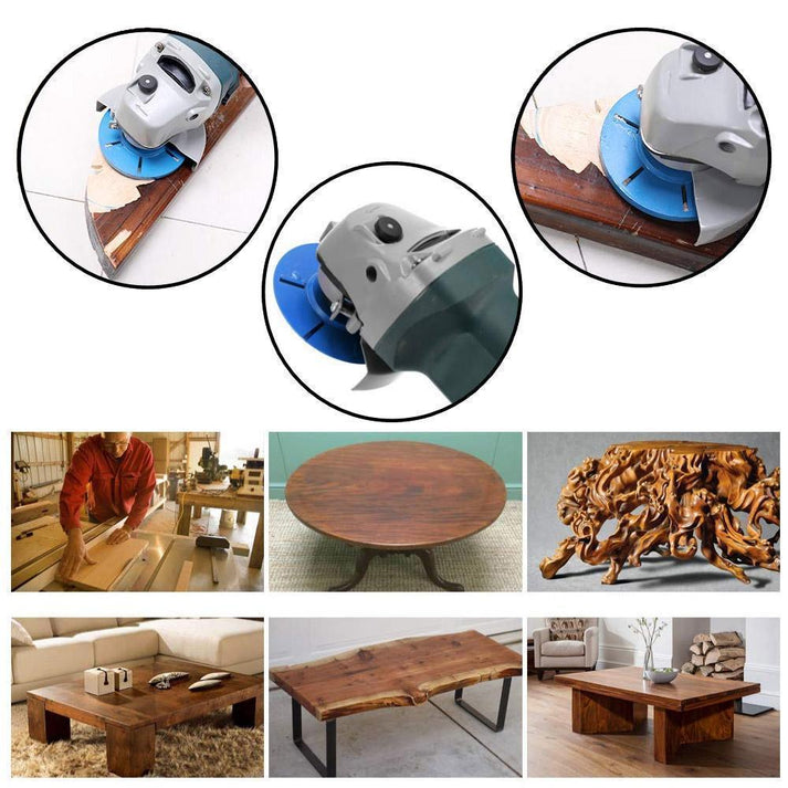 Winkelschleifer mit montierter Schleifscheibe für Holzbearbeitung, schnelles Abtragen und exaktes Formen von Holz.