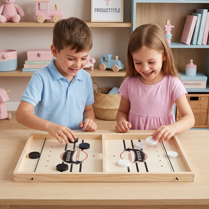 Detailansicht des Schleuder Schach Holzspielbretts mit Gummiband und Spielsteinen. Perfektes Taktikspiel.