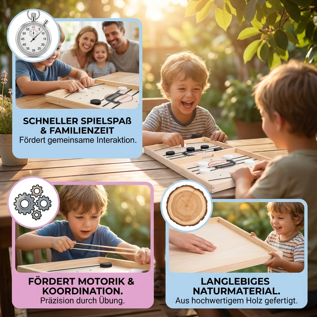 Spieler beim Duell mit Schleuder Schach, dem schnellen Holz-Gesellschaftsspiel. Fördert Reaktion & Taktik.