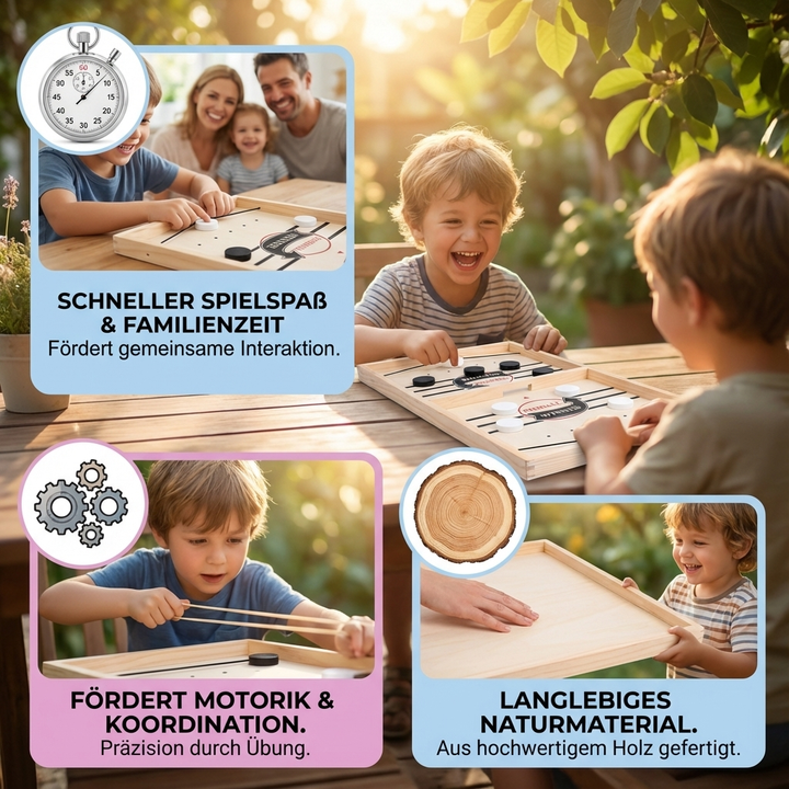 Spieler beim Duell mit Schleuder Schach, dem schnellen Holz-Gesellschaftsspiel. Fördert Reaktion & Taktik.