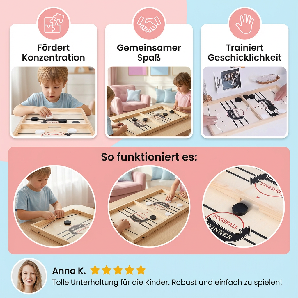Lachende Familie spielt Schleuder Schach, das rasante Holz-Geschicklichkeitsspiel. Spaß für Kinder & Erwachsene.