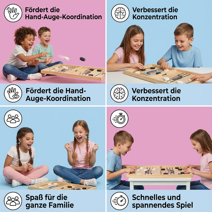 Nahaufnahme der Spielsteine und des Gummibandes auf dem Schleuder Schach Brettspiel. Ein dynamisches Familienspiel.