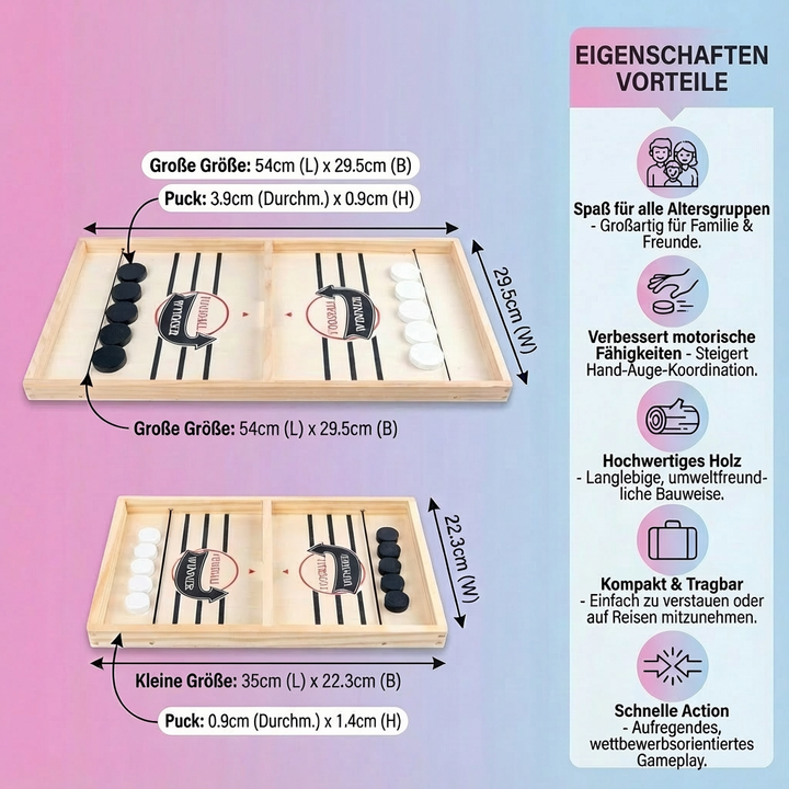 Zwei Hände schießen Figuren über das Spielfeld von Schleuder Schach, dem fesselnden Reaktionsspiel aus Holz.