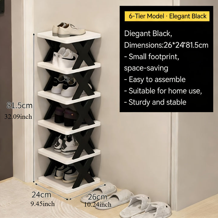 Schmales Schuhregal als vertikaler Schuhturm, ideal für Flur und Garderobe. Hält Schuhe ordentlich.
