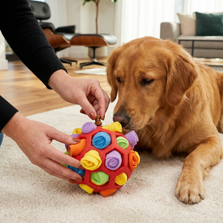 Schnüffelball für Hunde: Interaktives Leckerlispielzeug für mentale Auslastung & Suchspaß.