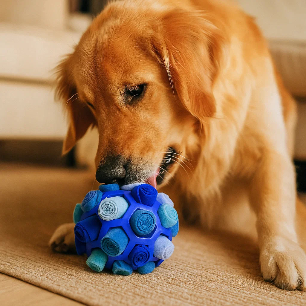Hundebeschäftigung drinnen: Weicher Schnüffelball zum Verstecken von Leckerlis, ideal für Regentage.