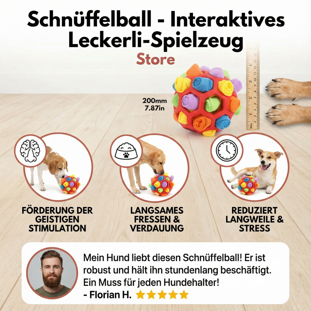 Enrichment Spielzeug: Interaktiver Schnüffelball mit versteckten Leckerlis für Hunde.