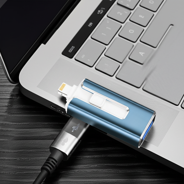 Universeller USB Stick für Datensicherung & Speichererweiterung. USB-C, Lightning & USB-A kompatibel.