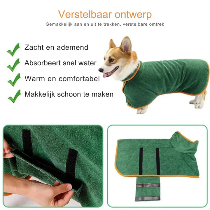 Weicher, saugfähiger Bademantel für Hunde; hält sie warm und trocken nach dem Bad oder Regen. Essentieller Hundebedarf.