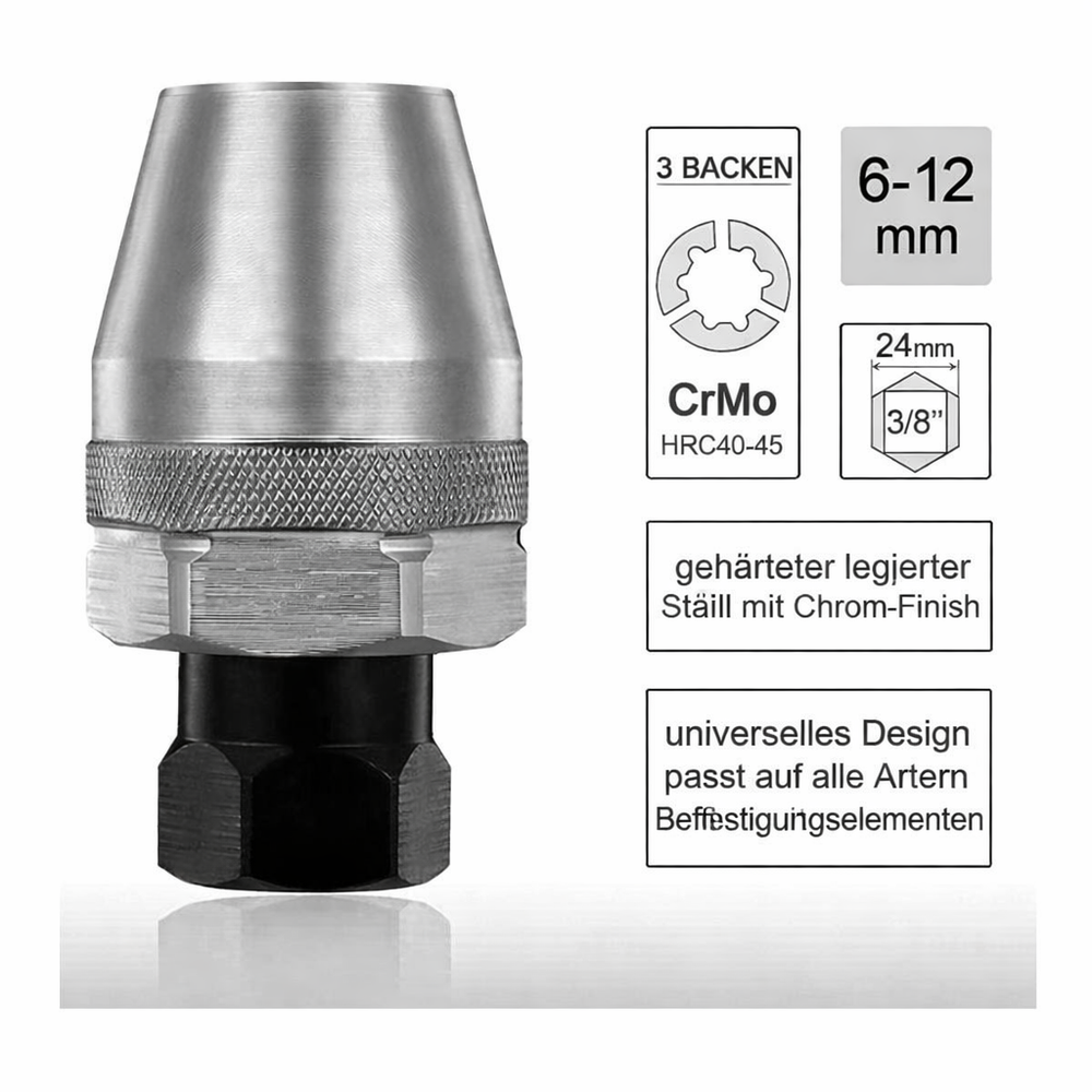 Effektiver Schraubenextraktor mit 3/8 Zoll Antrieb für rundgedrehte und festsitzende Schrauben bei Autoreparaturen.