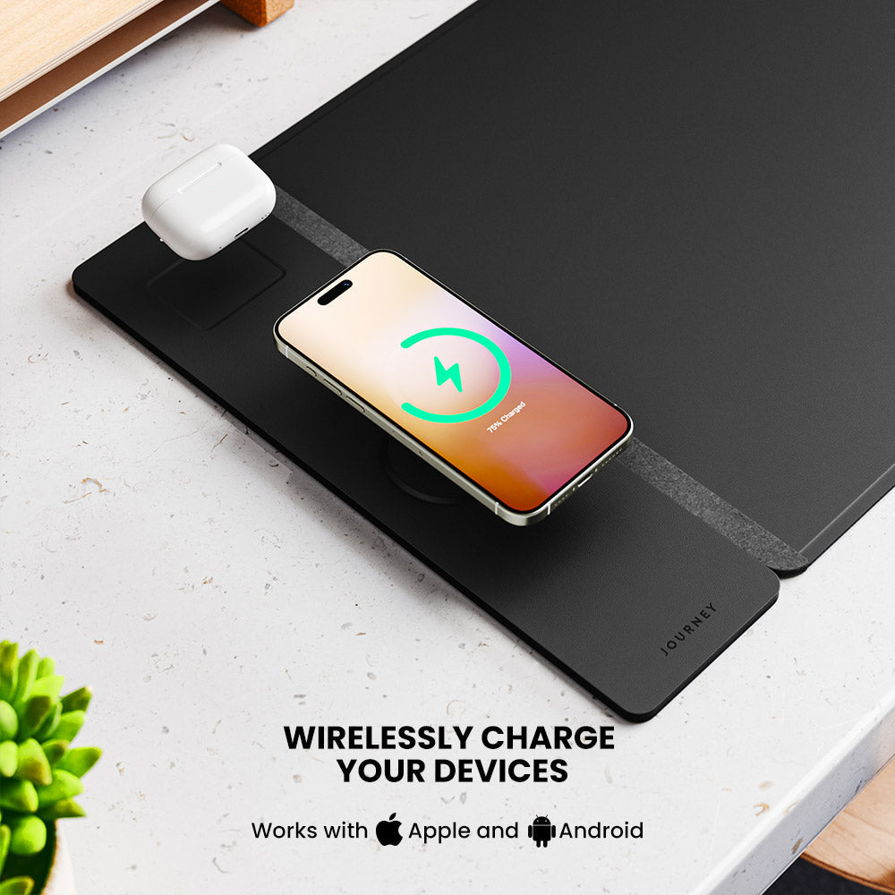 Wendbare Schreibtischmatte aus veganem Leder & Filz, mit kabelloser Ladefunktion für Smartphone und Geräte.