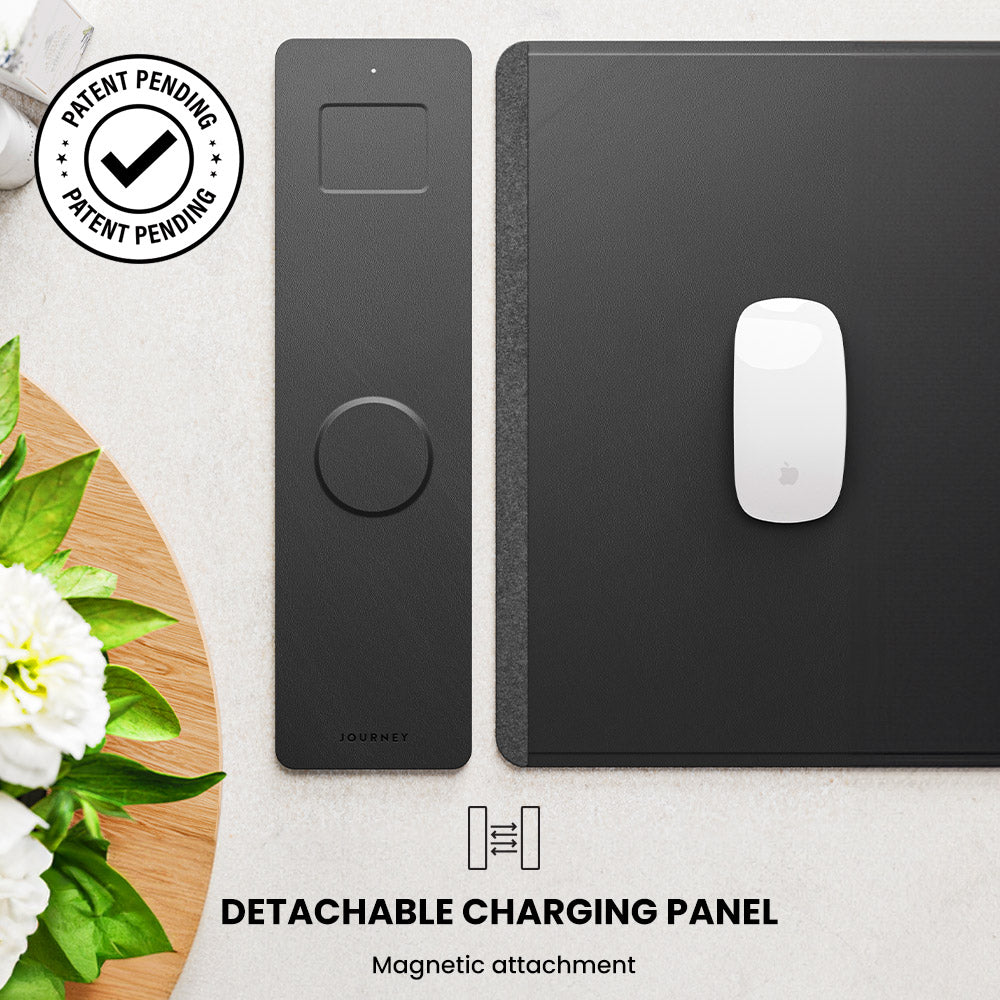 Elegante Schreibtischmatte im minimalistischen Design mit integriertem Qi-Ladepad, schafft Ordnung im Büro.