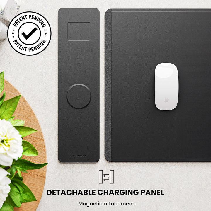 Elegante Schreibtischmatte im minimalistischen Design mit integriertem Qi-Ladepad, schafft Ordnung im Büro.
