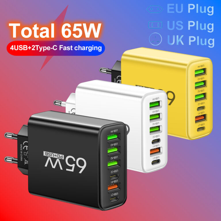 Kompakte PowerMax USB-C Ladestation mit 6 Anschlüssen (65W) zum schnellen Laden von Handy, Tablet & Laptop.