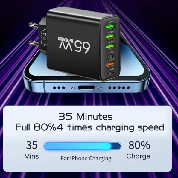 Weißes PowerMax 65W USB-C & USB-A Multifunktions-Schnellladegerät für 6 Geräte, ideal für Reise & Büro.