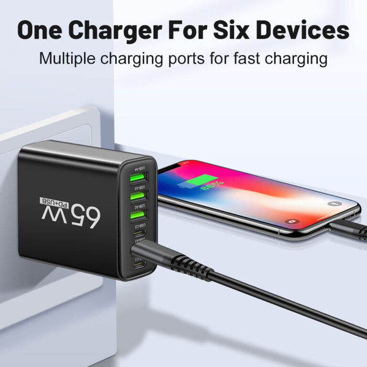 Gelbes PowerMax 65W Reiseladegerät mit 6 Anschlüssen (USB-C & USB-A) für alle Ihre mobilen Geräte unterwegs.